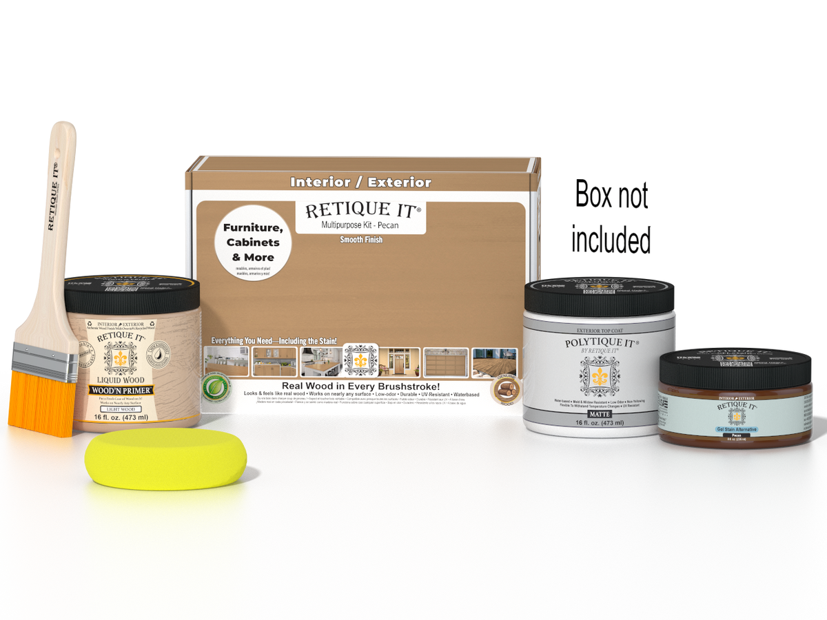 Retique It® Multi-purpose Smooth Finish Kit in Pecan for exterior wood, includes top coat and application tools.