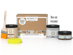 Retique It® Multi-purpose Smooth Finish Kit in Pecan for exterior wood surfaces, includes top coat and application tools.