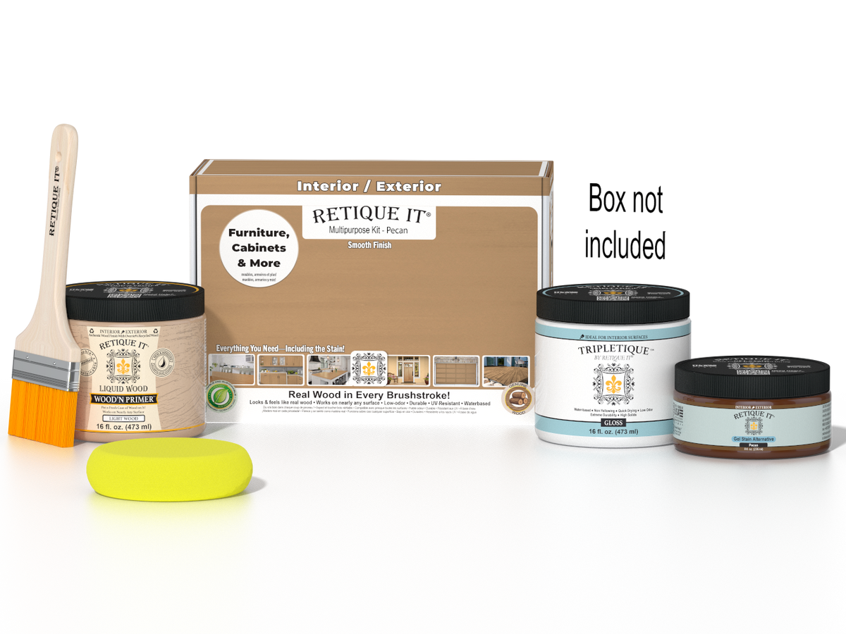 Retique It Multi-purpose Smooth Finish Kit in Pecan for interior wood surfaces, featuring gloss top coat and included tools.