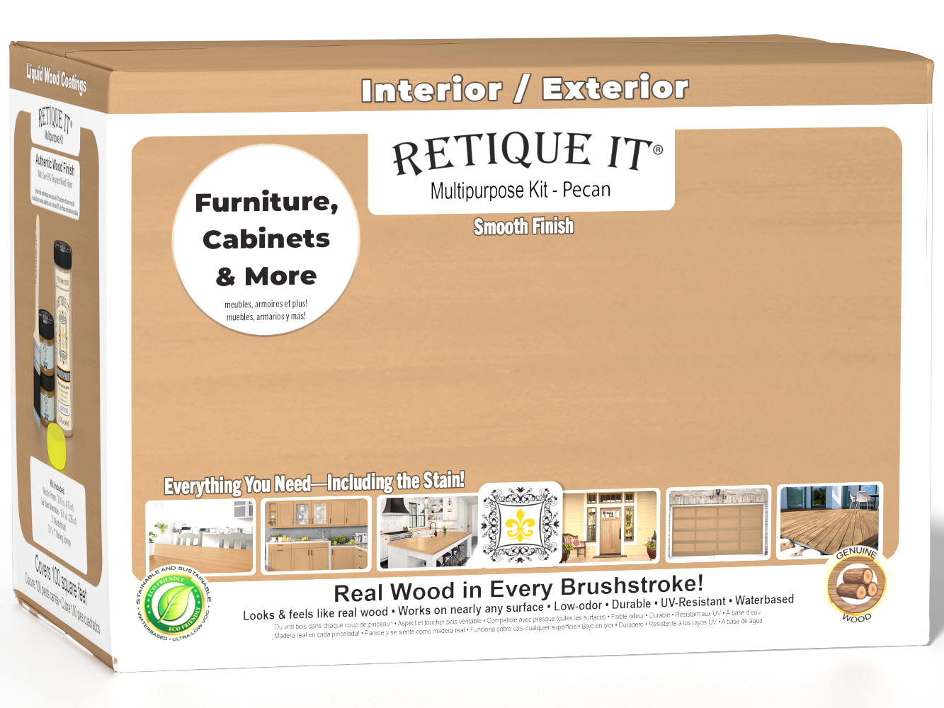 Large Pecan wood finish kit by Retique It® with smooth finish, includes application tools and wood stain for furniture or crafts.