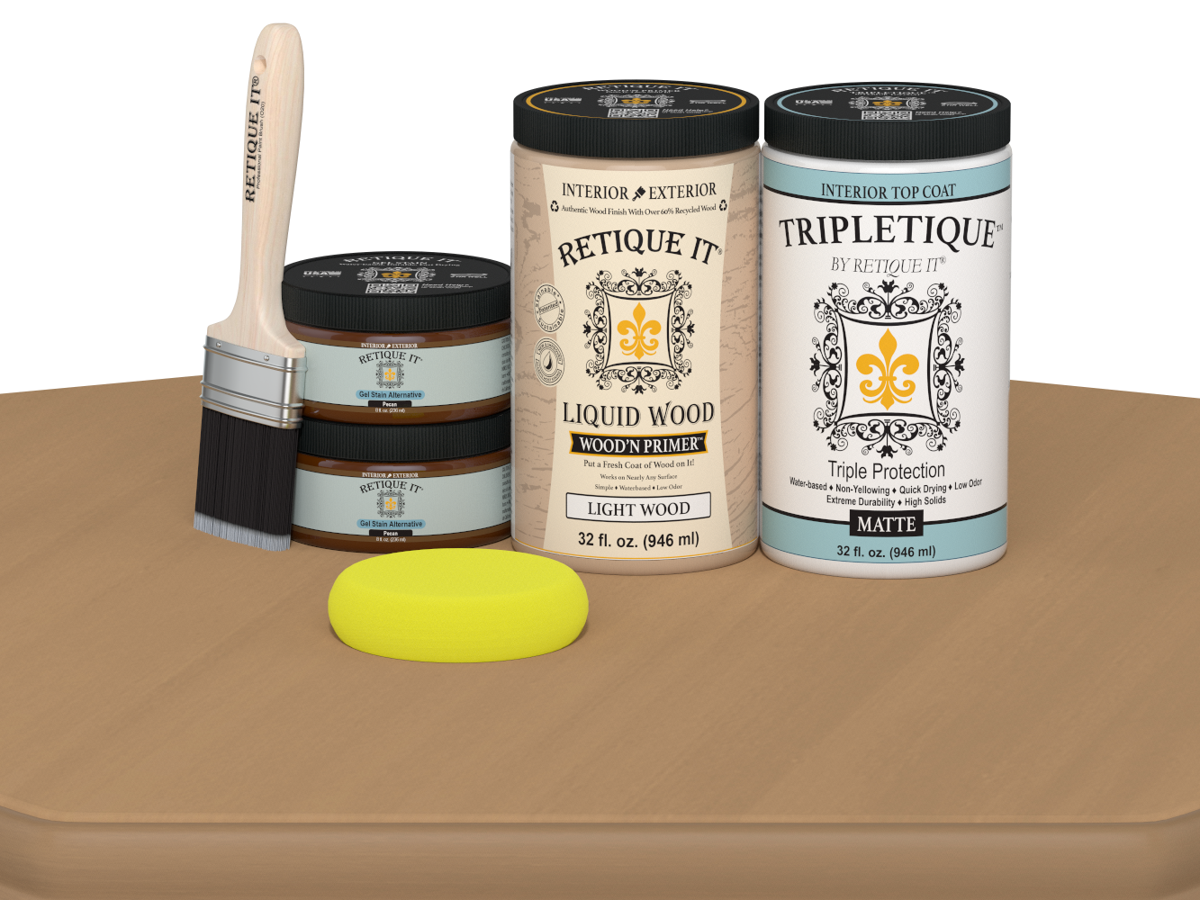 Large Pecan Multi-purpose Smooth Finish Kit by Retique It® for interior wood top coats, featuring a matte finish and complete application tools.