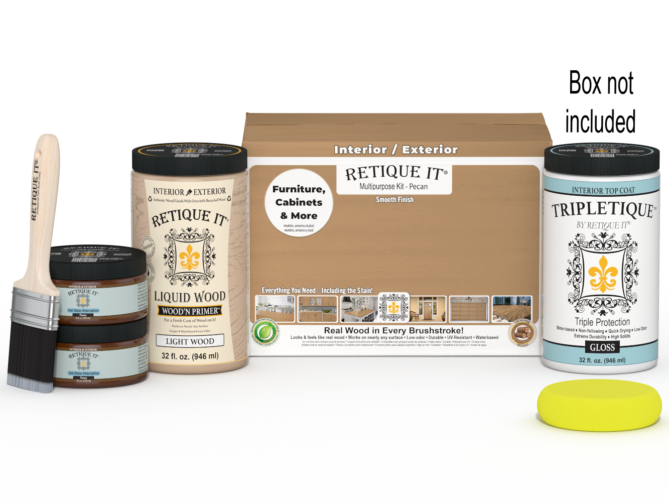 Large Pecan Multi-purpose Smooth Finish Kit by Retique It® for wood interior top coating, includes tools and materials in box.