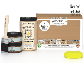 Large Pecan wood finish kit by Retique It® with smooth finish, includes tools and materials for versatile wood refinishing projects.