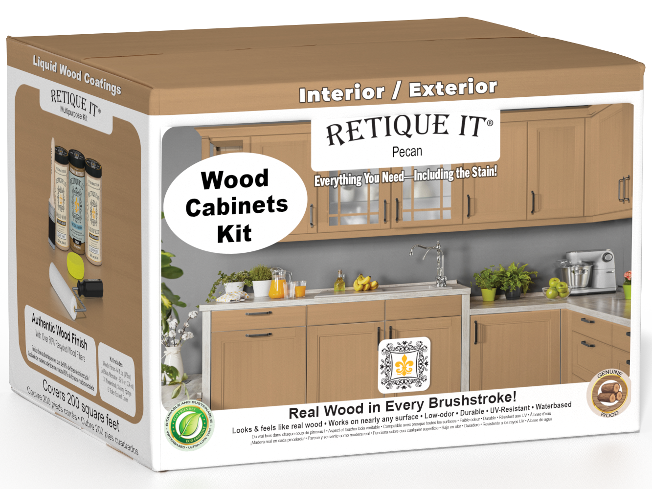 Retique It® Wood'n Cabinet Kit in Pecan with 24 smooth cabinet doors, perfect for staining and finishing kitchen cabinets.
