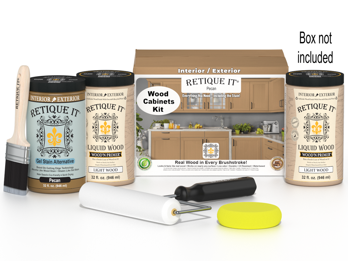 Retique It® Wood'n Cabinet Kit with 24 smooth pecan stained cabinet doors, showcasing natural wood grain and finish.