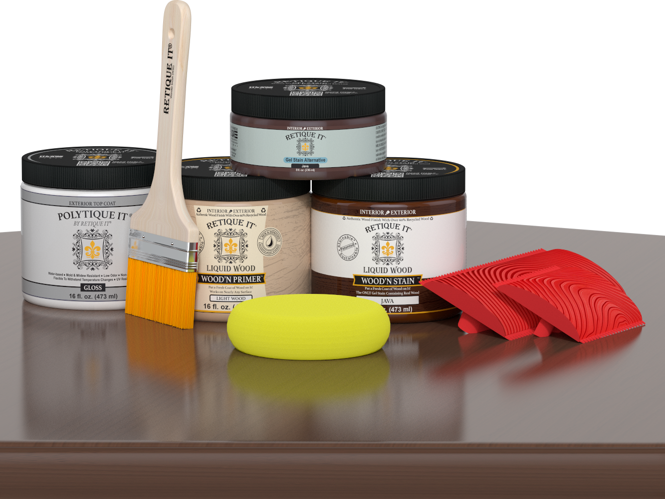 Retique It® Wood'n Kit Java exterior top coat applied to a wooden table, showcasing a glossy finish on the wood surface.