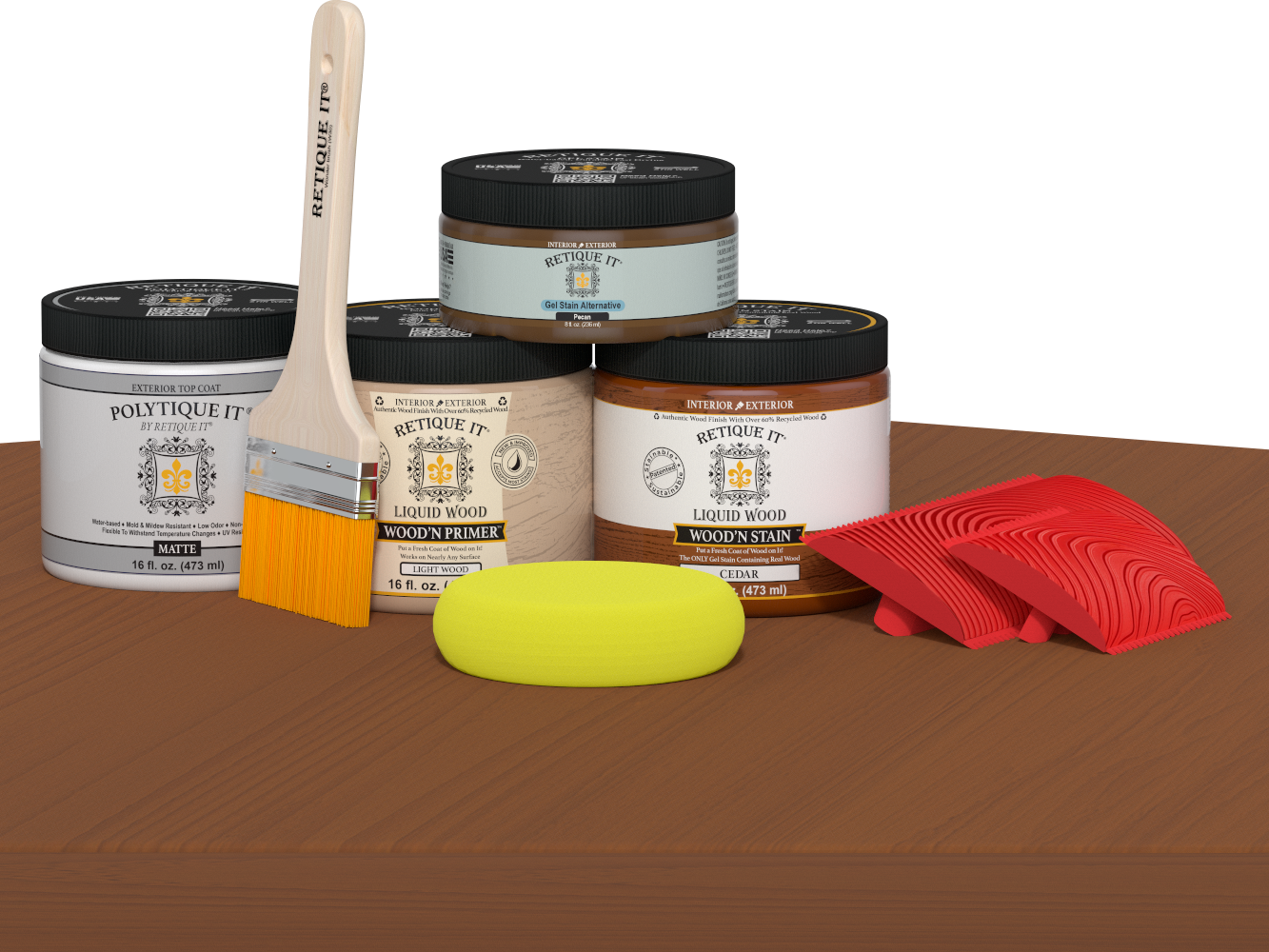Retique It® Wood'n Kit in cedar for exterior wood finishes, shown on a table with a matte top coat application.