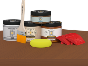 Retique It® Wood'n Kit in cedar for exterior wood finishes, shown on a table with a matte top coat application.