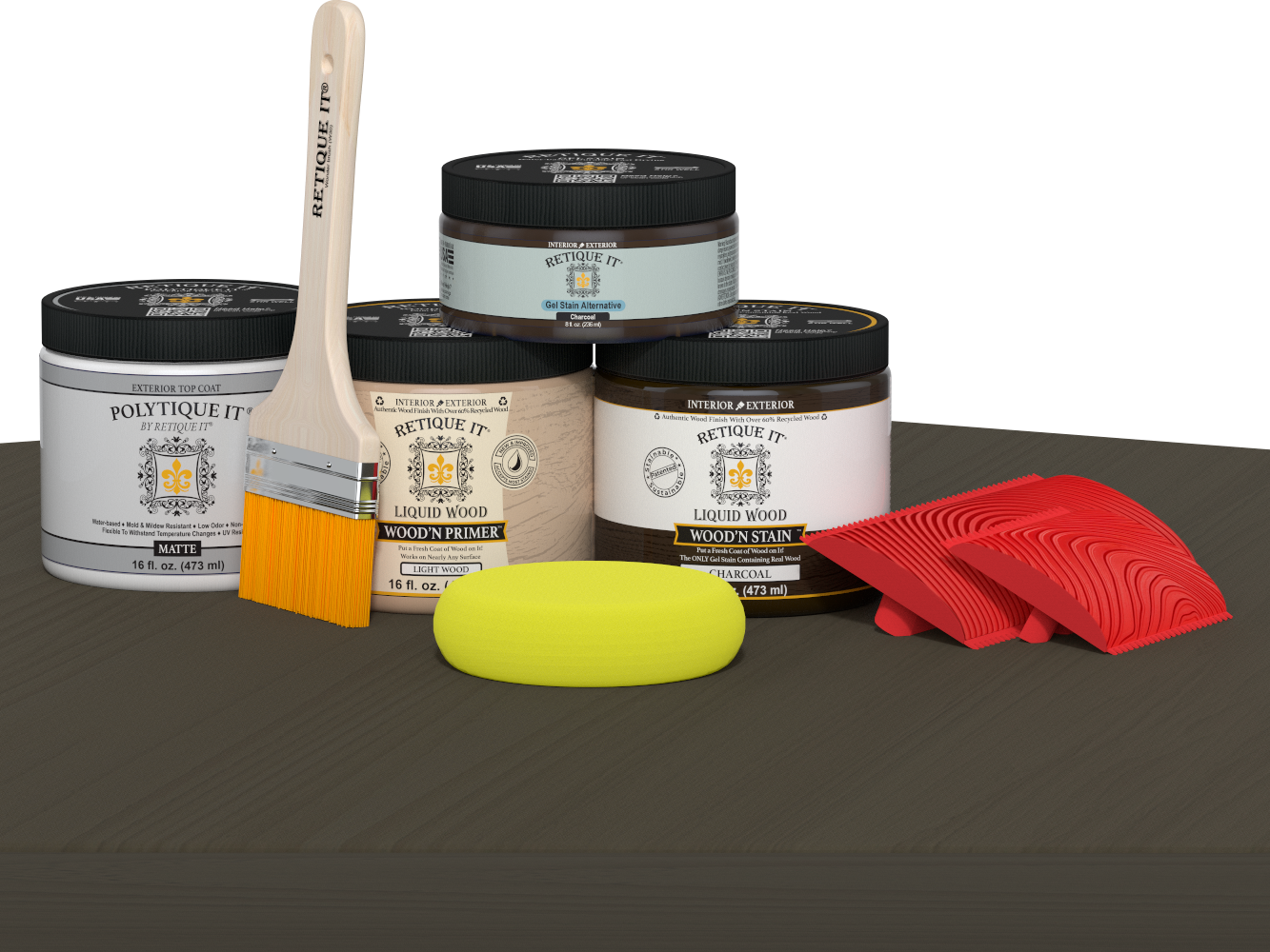 Retique It® Wood'n Kit Medium Charcoal exterior top coat applied to wood surface, showing matte finish and wood grain texture.