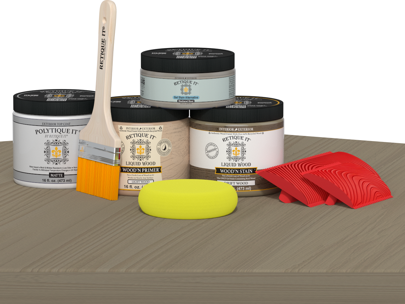 Retique It® Wood'n Kit Medium Drift Wood exterior top coat on a table, showcasing natural wood finish and matte protective layer.