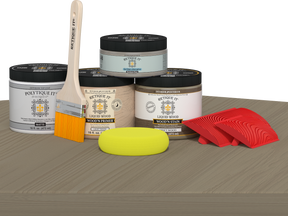 Retique It® Wood'n Kit Medium Drift Wood exterior top coat on a table, showcasing natural wood finish and matte protective layer.