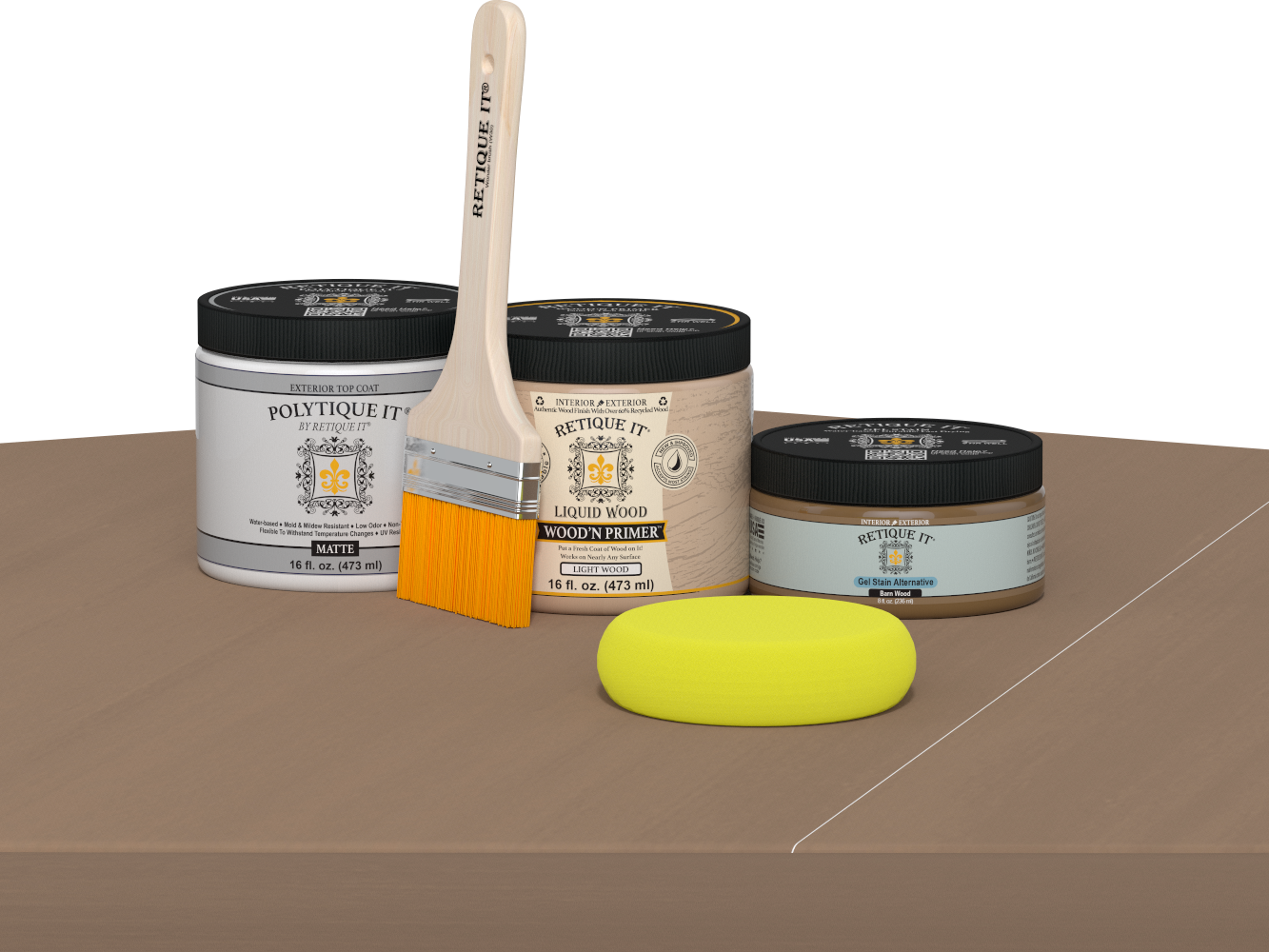 Retique It Barn Wood Kit with Matte Polytique It, Light Wood Wood'n Primer, Barn Wood Gel Stain Alternative, paintbrush, and yellow sponge on a tabletop.