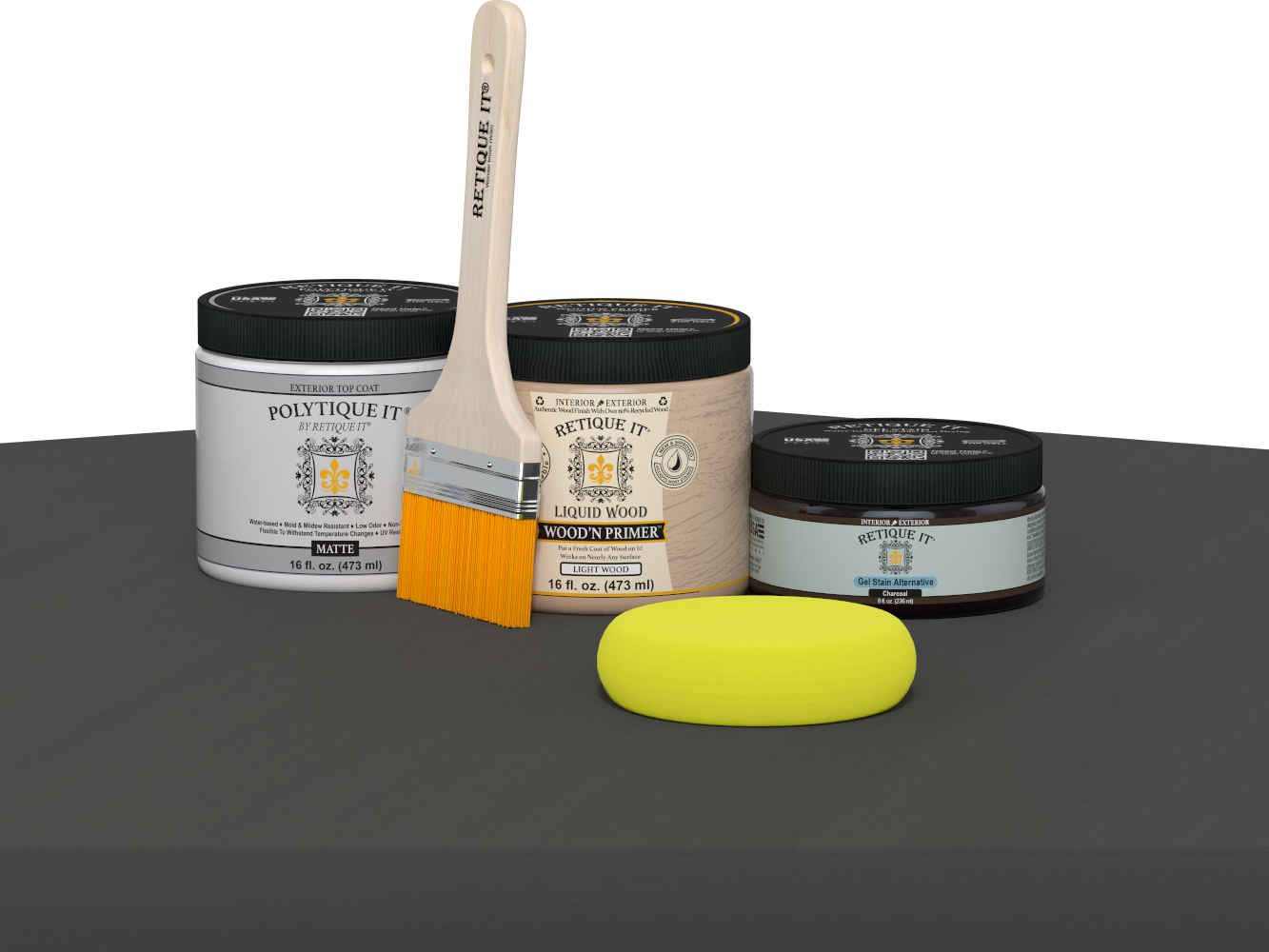 Retique It refinishing kit with Light Wood primer, Charcoal gel stain alternative, matte Polytique It topcoat, a brush and yellow sponge.
