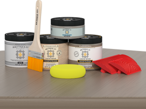 Retique It® Wood'n Finish Kit in Weathered Wood for exterior top coating, shown on a table with satin finish.