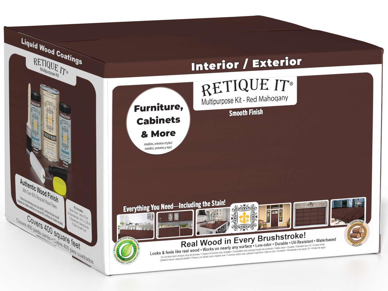 Retique It® Multi-purpose Smooth Finish Kit in Red Mahogany for interior wood top coat, includes four large wood finish bottles.