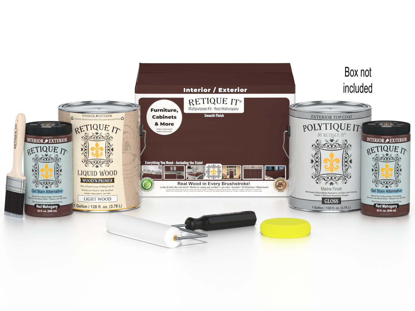 Retique It® Multi-purpose Smooth Finish Kit in Red Mahogany for exterior wood projects, includes four large top coats.