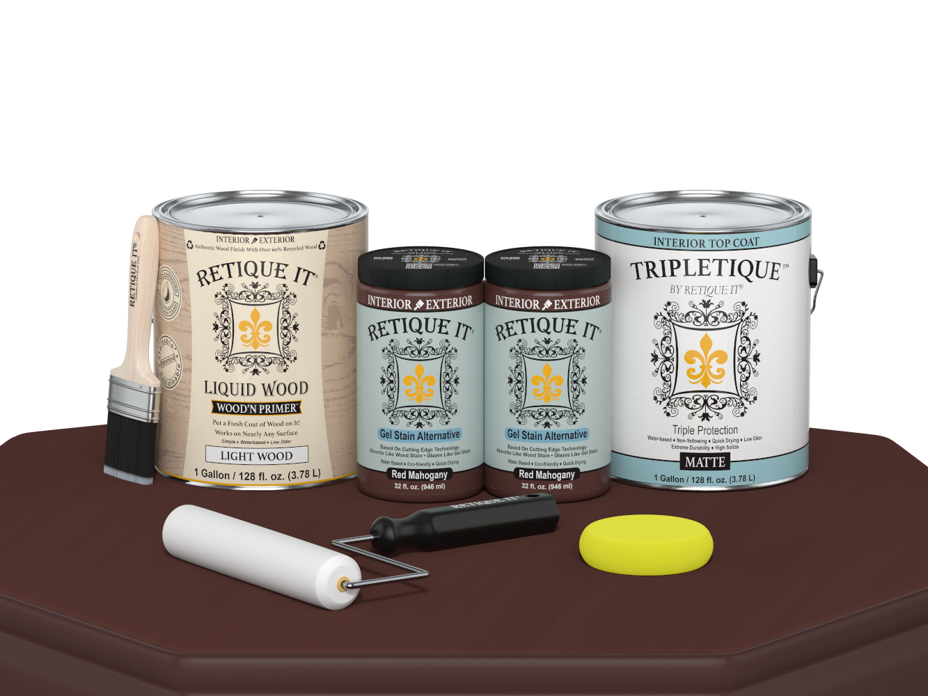 Retique It® Wood'n Finish Kit in Red Mahogany with four large bottles, matte interior top coat for wood furniture and surfaces.