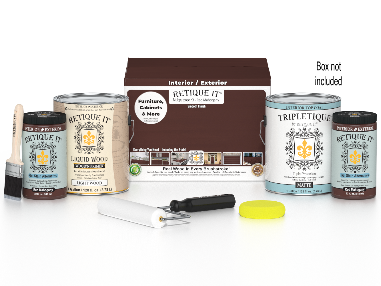 Retique It® Multi-purpose Smooth Finish Kit in Red Mahogany for interior wood top coating, shown with packaging and wood sample.