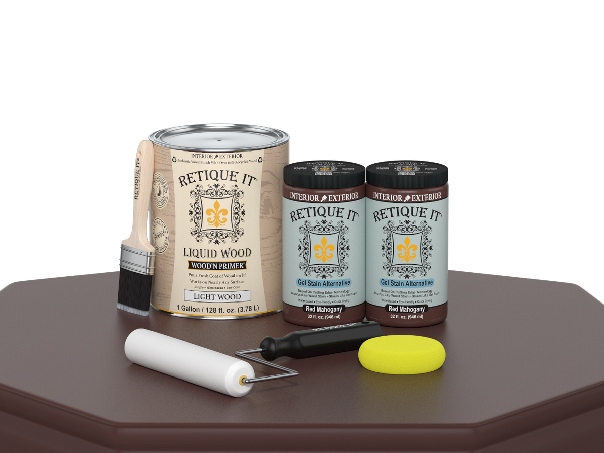 Retique It® Multi-purpose Smooth Finish Kit in Red Mahogany, featuring four large wood finish tools on a table.