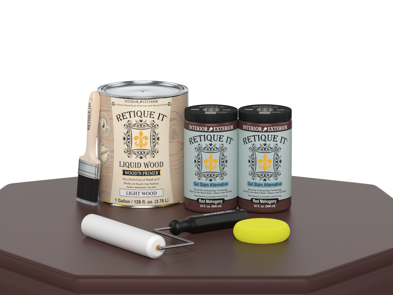 Retique It® Multi-purpose Smooth Finish Kit in Red Mahogany, featuring four large wood finish tools on a table.