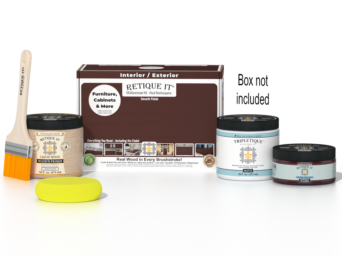 Retique It® Wood'n Finish Kit in Red Mahogany for interior top coat, includes smooth finish tools for multi-purpose wood projects.