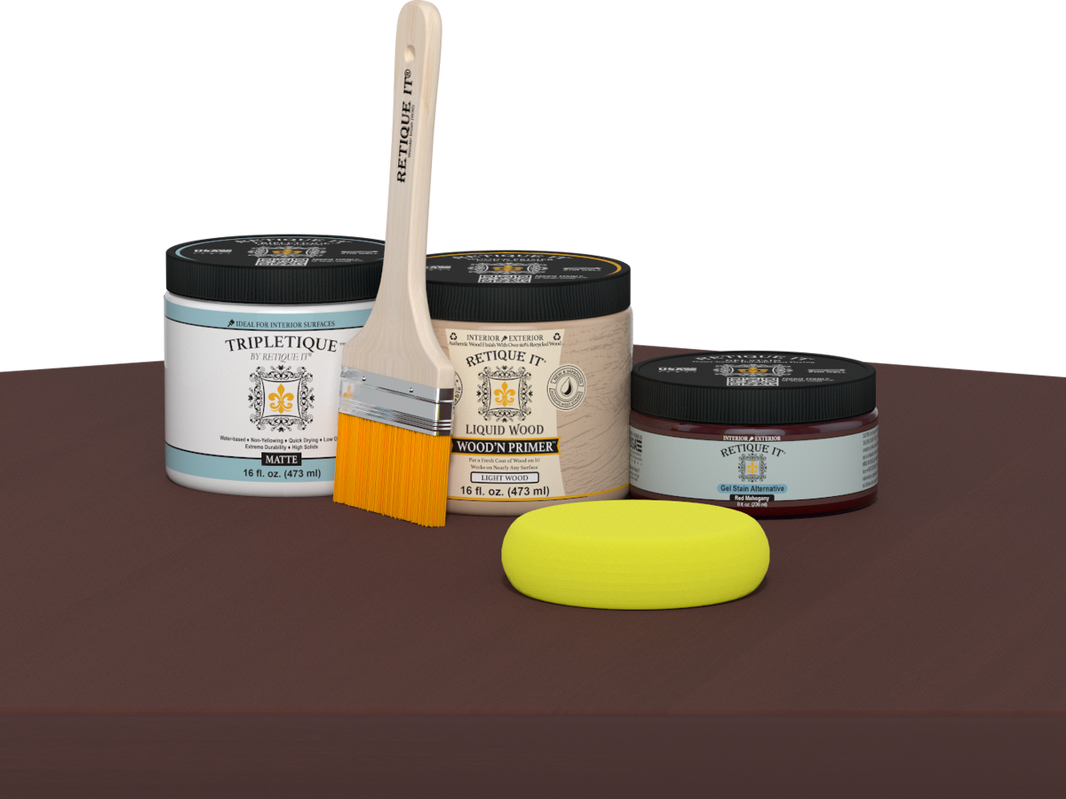 Retique It® Multi-purpose Smooth Finish Kit in Red Mahogany for interior wood projects, featuring matte top coat and application tools.