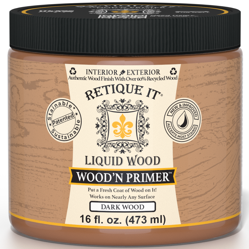 Retique It® Wood'n Primer - Dark Wood, a primer for dark wood surfaces, shown in a container with dark wood finish.