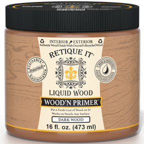 Retique It® Liquid Wood Wood'n Primer in Dark Wood, 16 fl oz, showing the primer container with dark wood finish on the label.