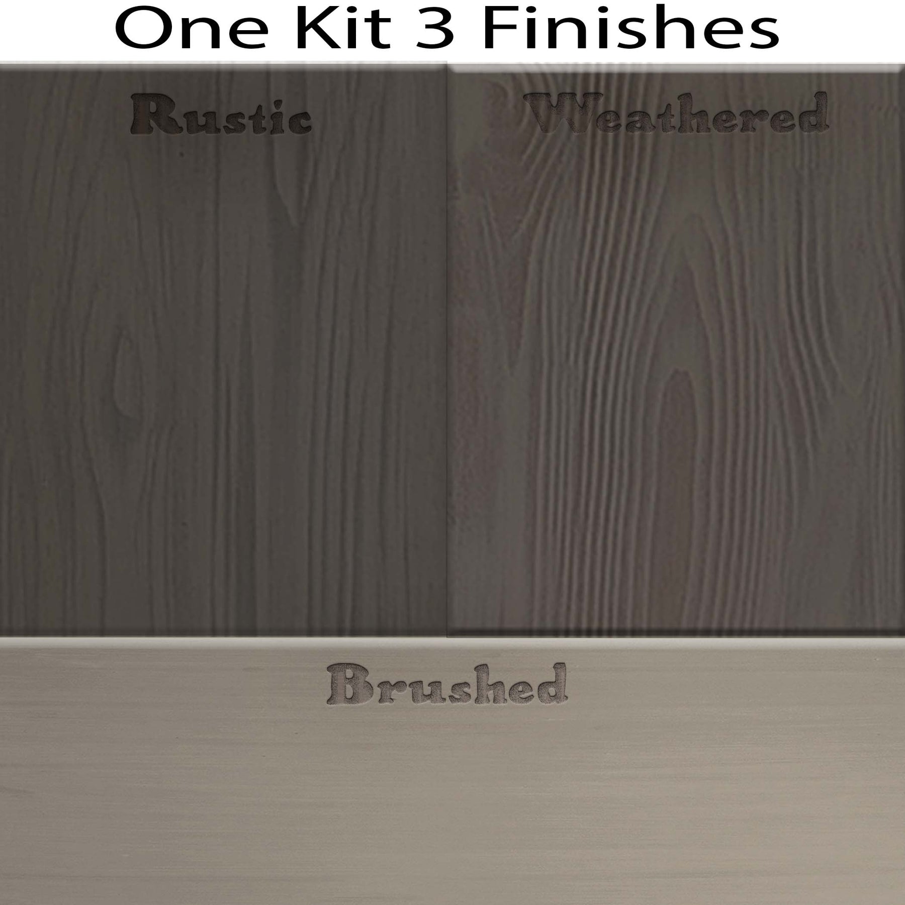 Swatches of Retique It Wood'n Finish Kit in Harbor Gray showing three interior top coat finishes for wood projects.