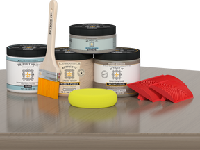 Retique It® Wood'n Kit Medium Weathered Wood interior top coat applied to a table surface, showcasing weathered wood finish and gloss sheen.