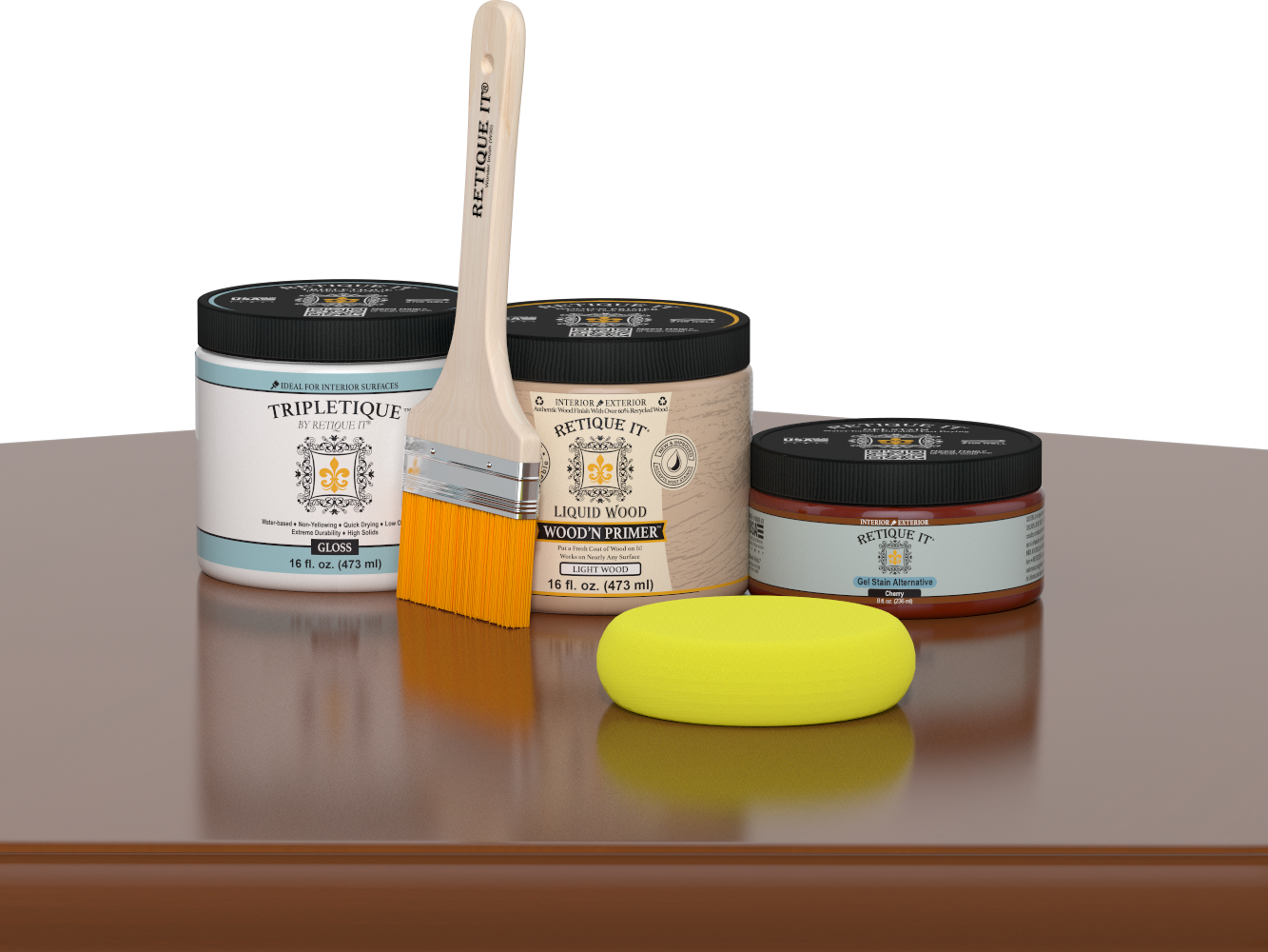 Retique It® Cherry Brush-On Kit with Gloss TripleTique® includes a brush, Light Wood primer, Cherry Gel Stain Alternative, Gloss TripleTique® top coat, and a yellow sponge.