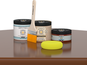 Retique It® Cherry Brush-On Kit with Gloss TripleTique® includes a brush, Light Wood primer, Cherry Gel Stain Alternative, Gloss TripleTique® top coat, and a yellow sponge.