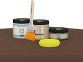 Retique It refinishing kit with Light Wood primer, Dark Oak gel stain alternative, matte Tripletique topcoat, a brush and yellow sponge.