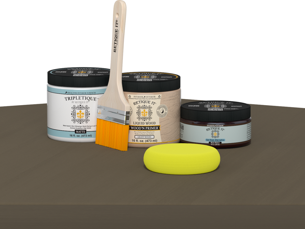Retique It refinishing kit with Light Wood primer, Black Walnut gel stain alternative, matte Tripletique topcoat, a brush and yellow sponge.