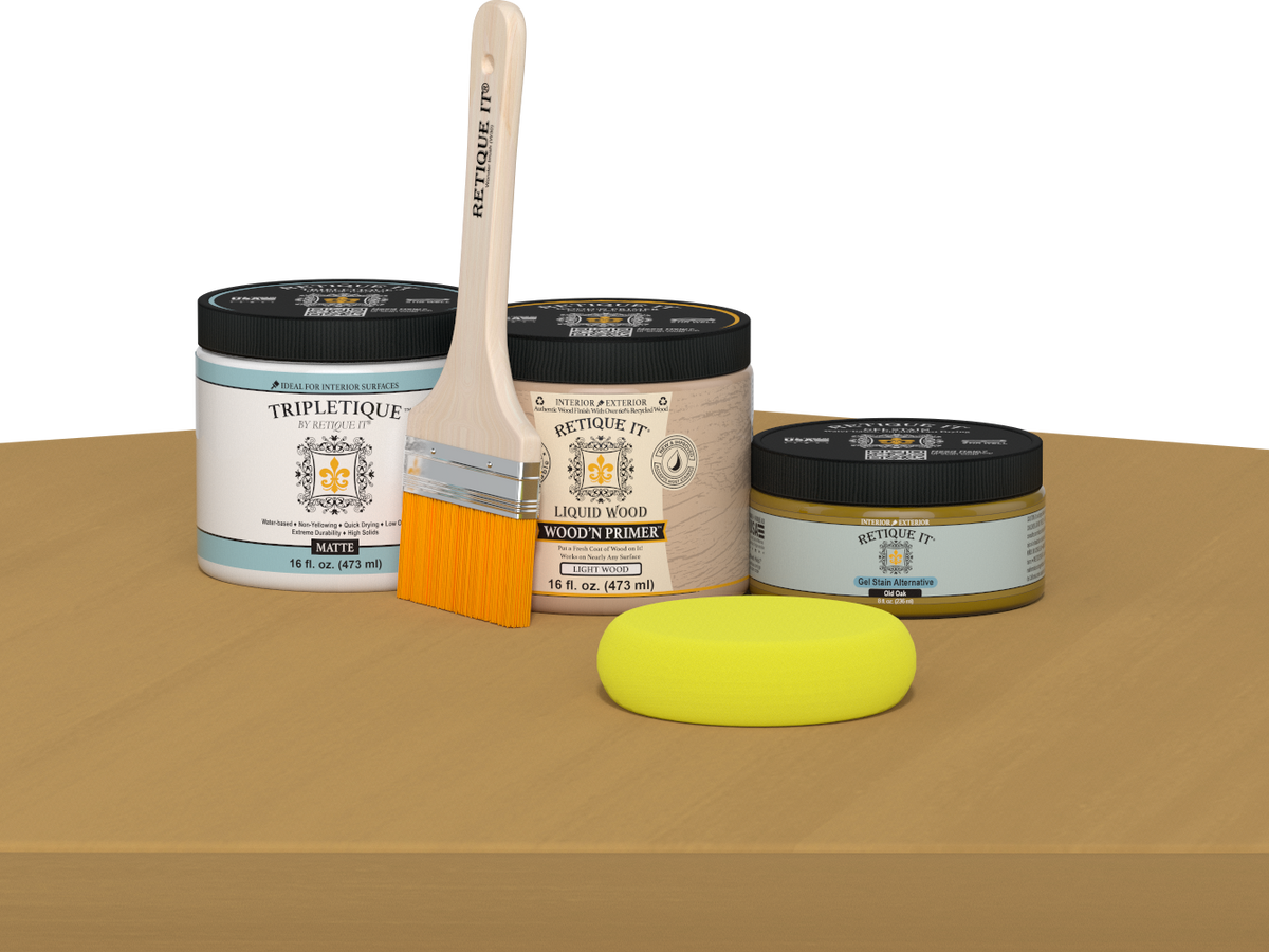Retique It refinishing kit with Light Wood primer, Old Oak gel stain alternative, matte Tripletique topcoat, a brush and yellow sponge.