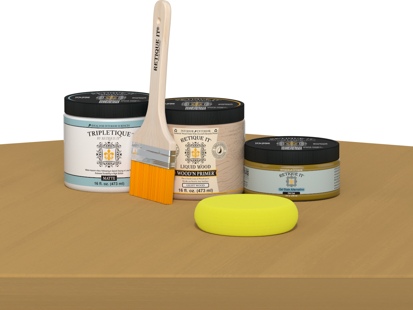 Retique It refinishing kit with Light Wood primer, Old Oak gel stain alternative, matte Tripletique topcoat, a brush and yellow sponge.