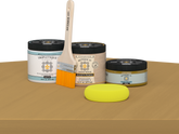Retique It refinishing kit with Light Wood primer, Old Oak gel stain alternative, matte Tripletique topcoat, a brush and yellow sponge.