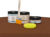 Retique It refinishing kit with Light Wood primer, Cherry gel stain alternative, matte Tripletique topcoat, a brush and yellow sponge.