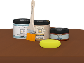 Retique It refinishing kit with Light Wood primer, Cherry gel stain alternative, matte Tripletique topcoat, a brush and yellow sponge.