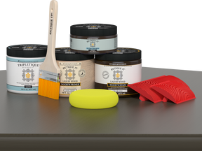 Retique It® Wood'n Finish Kit in Charcoal, interior top coat for wood furniture, featuring satin finish on a tabletop surface.