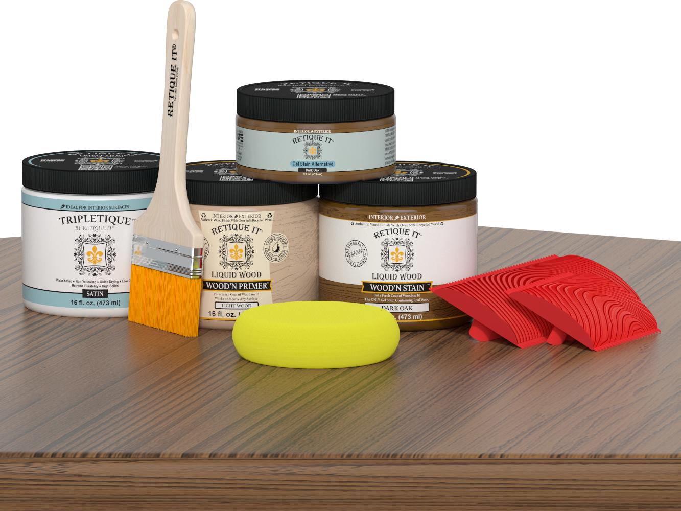 Retique It® Wood'n Finish Kit in Dark Oak for interior top coat, showing a satin-finish wood surface with application tools.