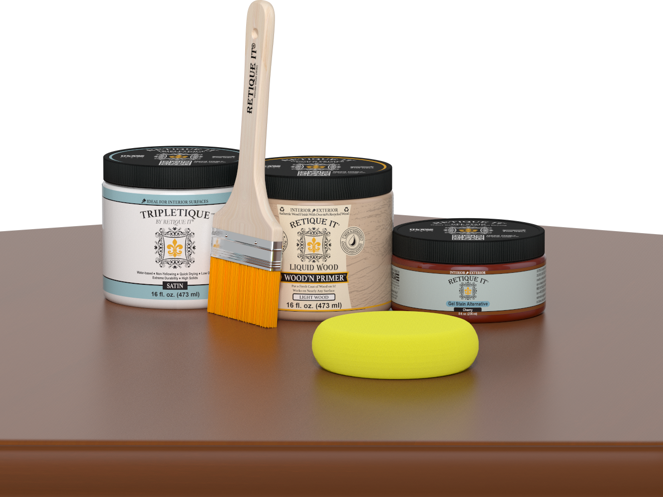 Retique It® Cherry Brush-On Kit with Satin TripleTique® includes a brush, Light Wood primer, Cherry Gel Stain Alternative, Satin TripleTique® top coat, and a yellow sponge.