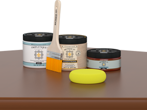 Retique It® Cherry Brush-On Kit with Satin TripleTique® includes a brush, Light Wood primer, Cherry Gel Stain Alternative, Satin TripleTique® top coat, and a yellow sponge.