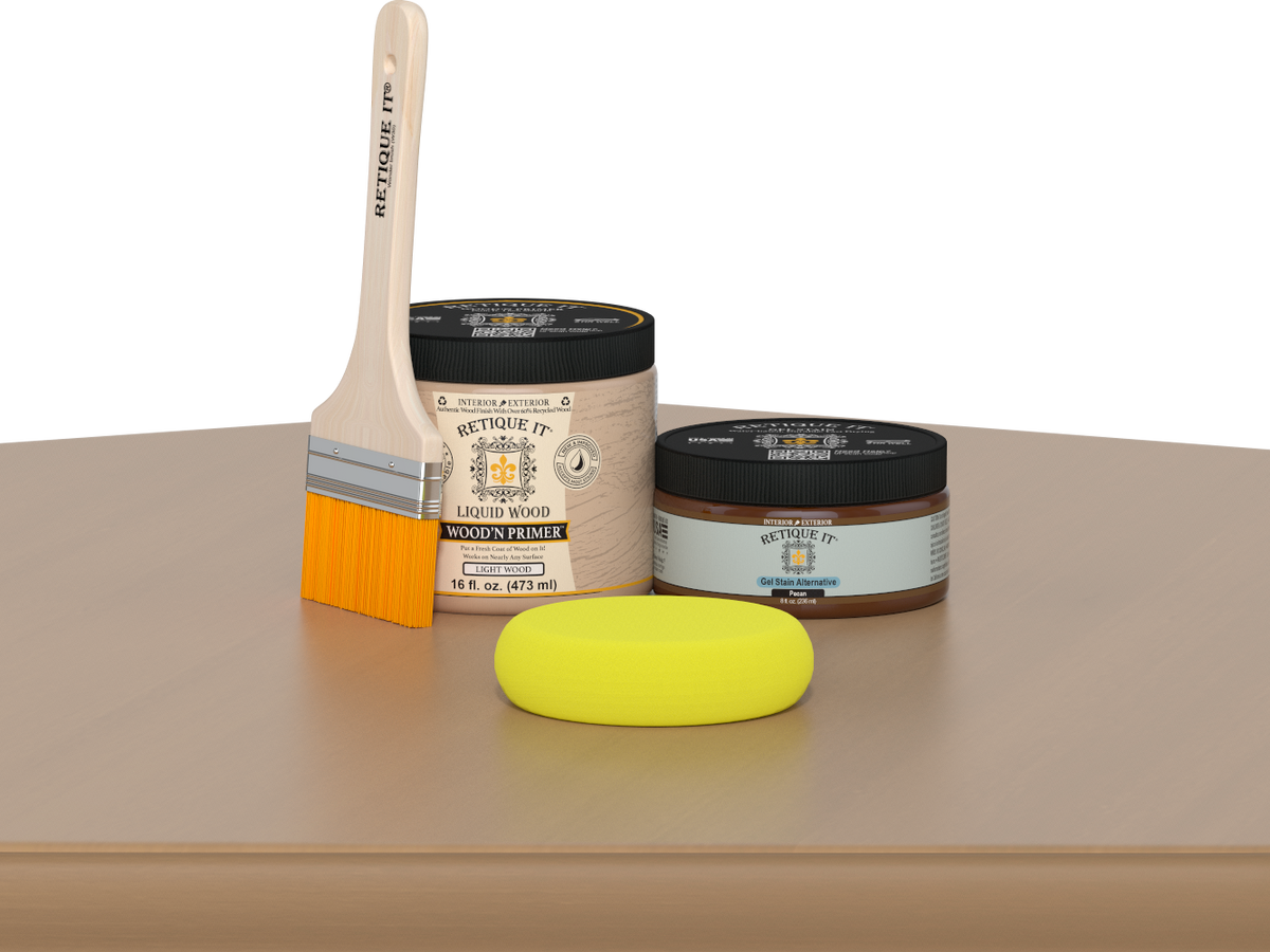 Retique It® Pecan Multi-purpose Smooth Finish Kit for wood furniture, includes tools and finish for a sleek, natural look.