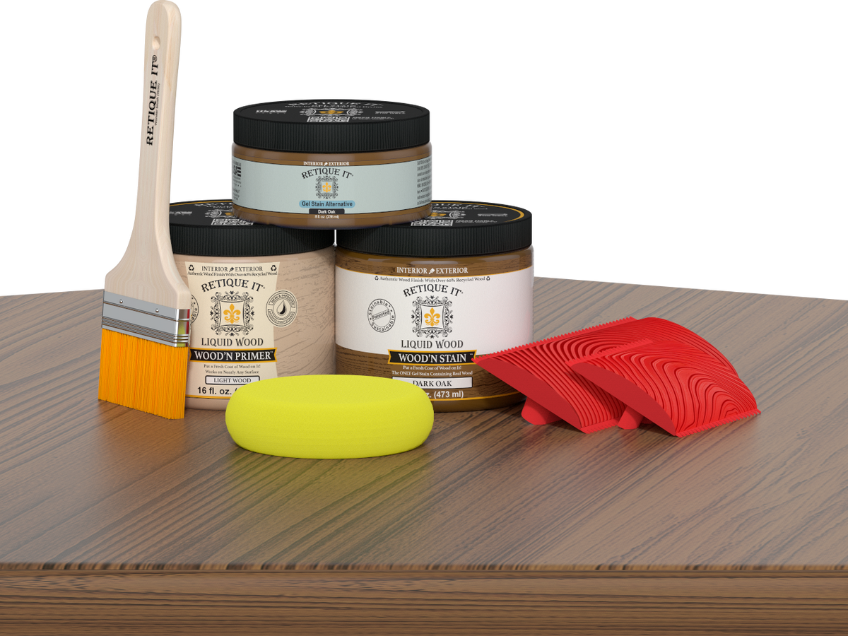 Dark oak Wood'n Finish Kit by Retique It® for multi-purpose wood finishing, shown on a wooden table surface.