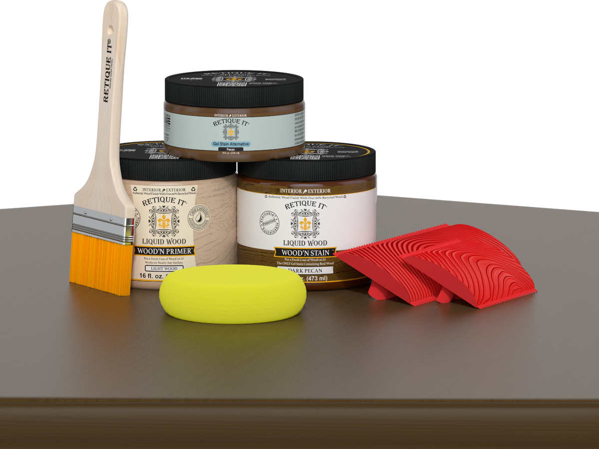 Retique It® Fireplace Wood'n Finish Kit in Dark Pecan stain, full fireplace wood finishing set with stain bottles and application tools.