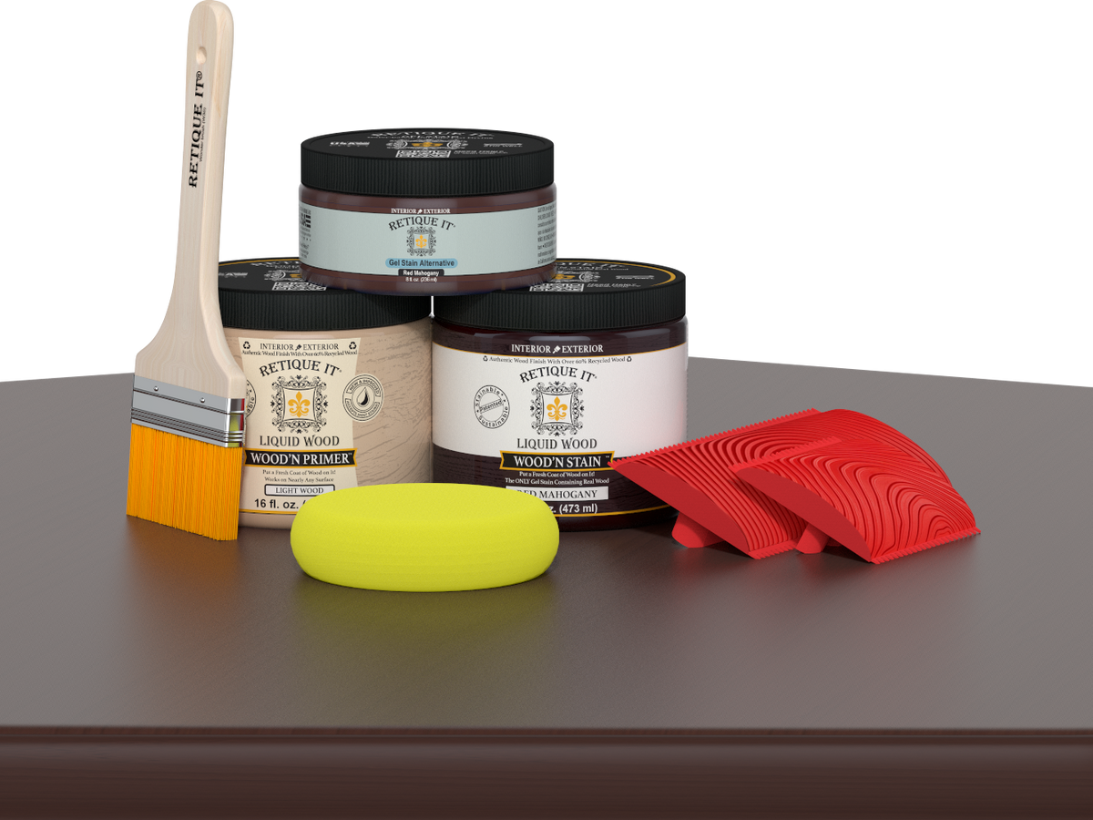 Red Mahogany Wood'n Finish Kit by Retique It® for multi-purpose wood finishing, shown with brushes and wood surfaces.