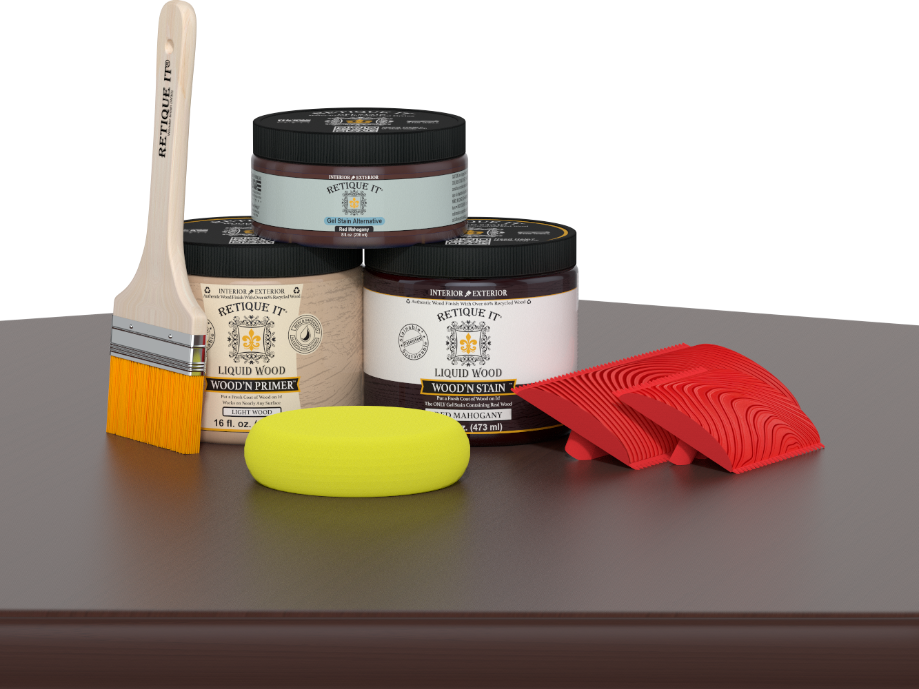Retique It® Fireplace Wood'n Finish Kit in Red Mahogany stain for full fireplace wood finishing, shown on a table.