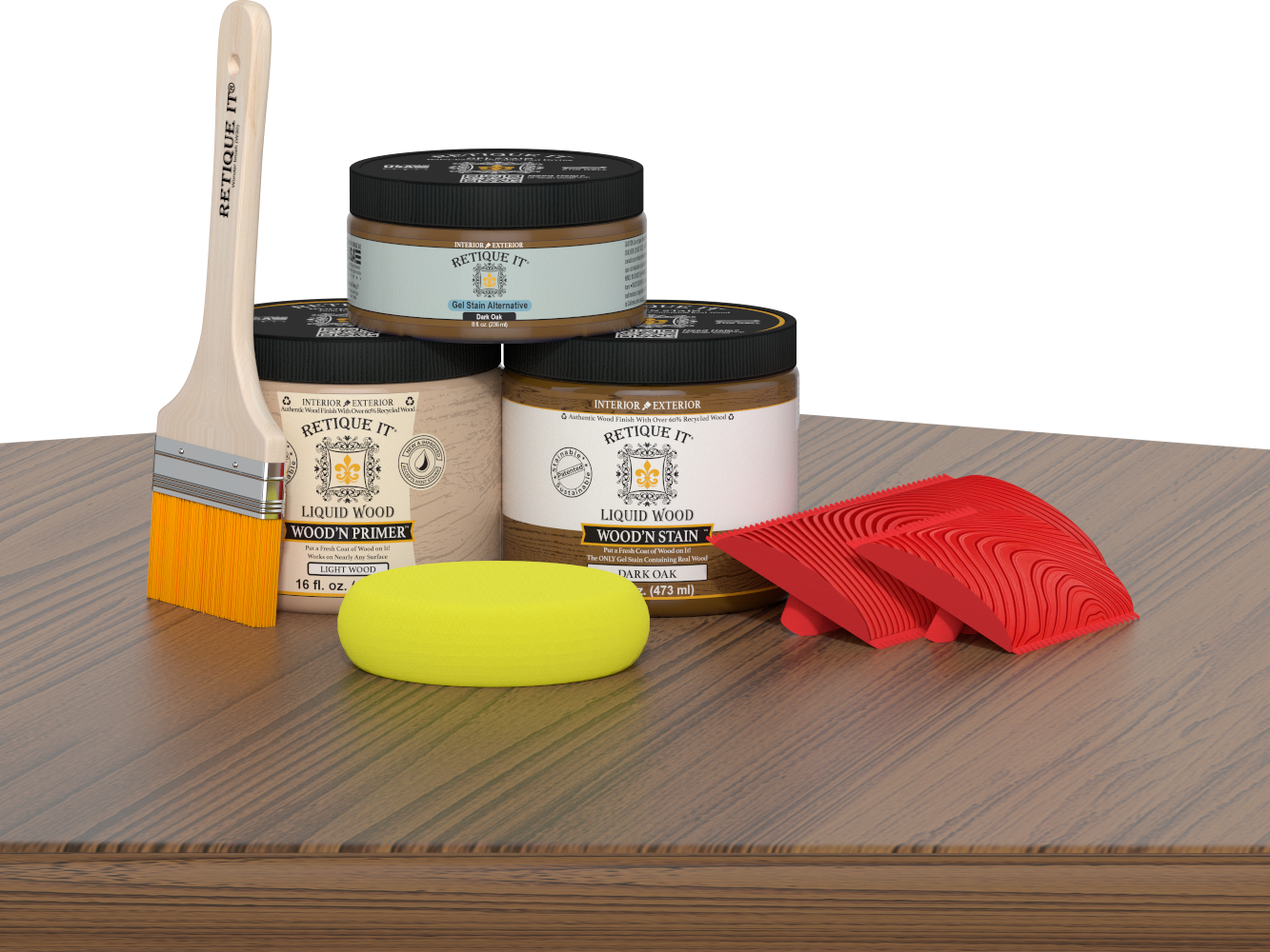 Retique It® Fireplace Wood'n Finish Kit in Dark Oak stain, full fireplace stain set with wood finish options shown on a table.