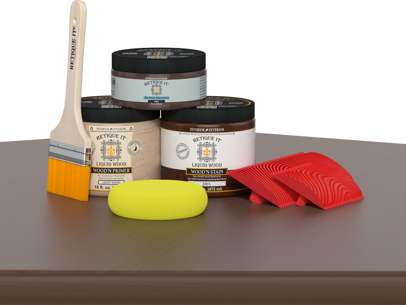 Multi-purpose Wood'n Kit (Med) by Retique It® Java wood finish kit with brushes and applicators on a table.
